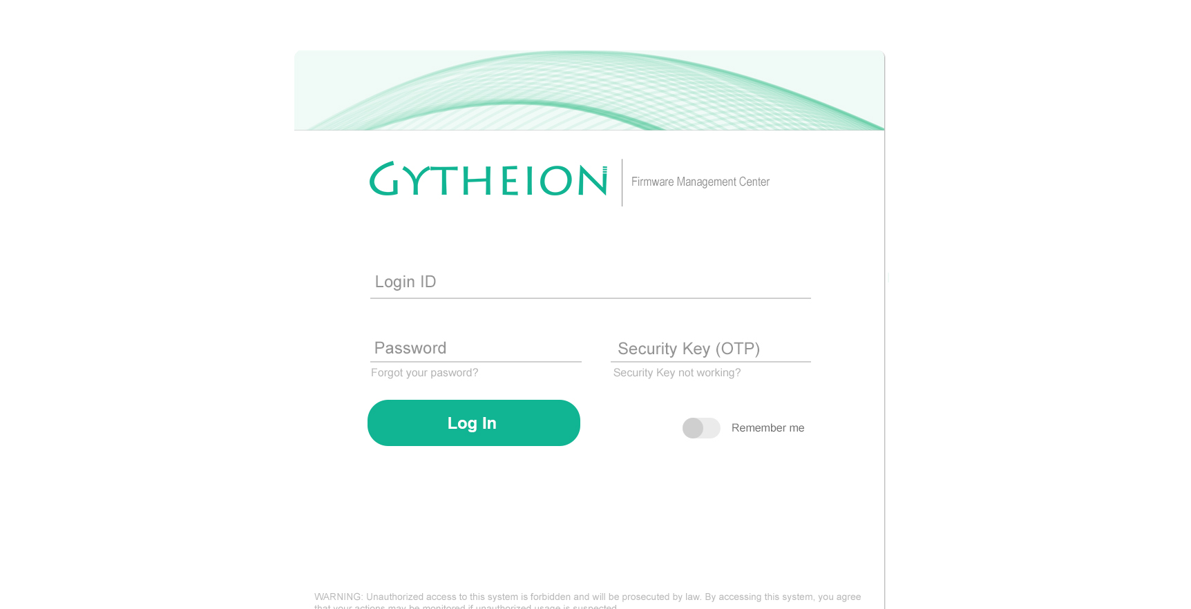 A picture of the administrative web login screen for Gytheion Firmware Management Center