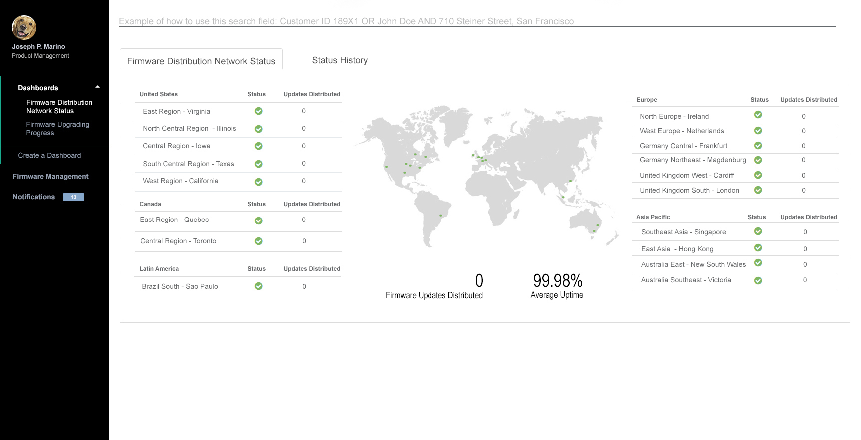 A picture of a dashboard showing a global network of firmware distribution servers with network status in Gytheion Firmware Management Center